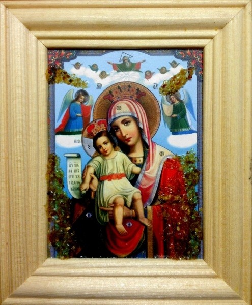 Икона янтарная Сны Пресвятой Богородицы  (Милующая) КЯН-1-308