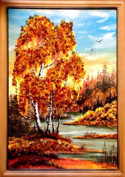 Картина с янтарем Осень на Реке кян-2-303
