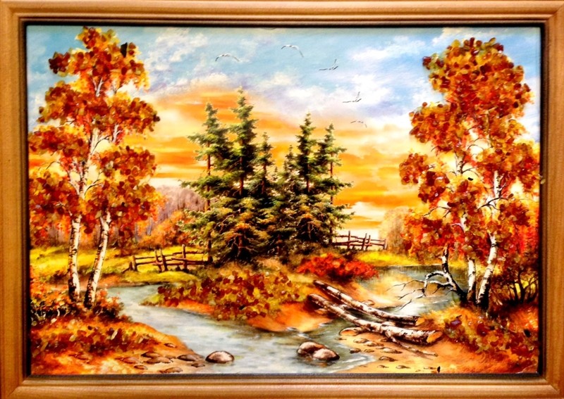 Картина с янтарем Осенняя Река кян-2-309