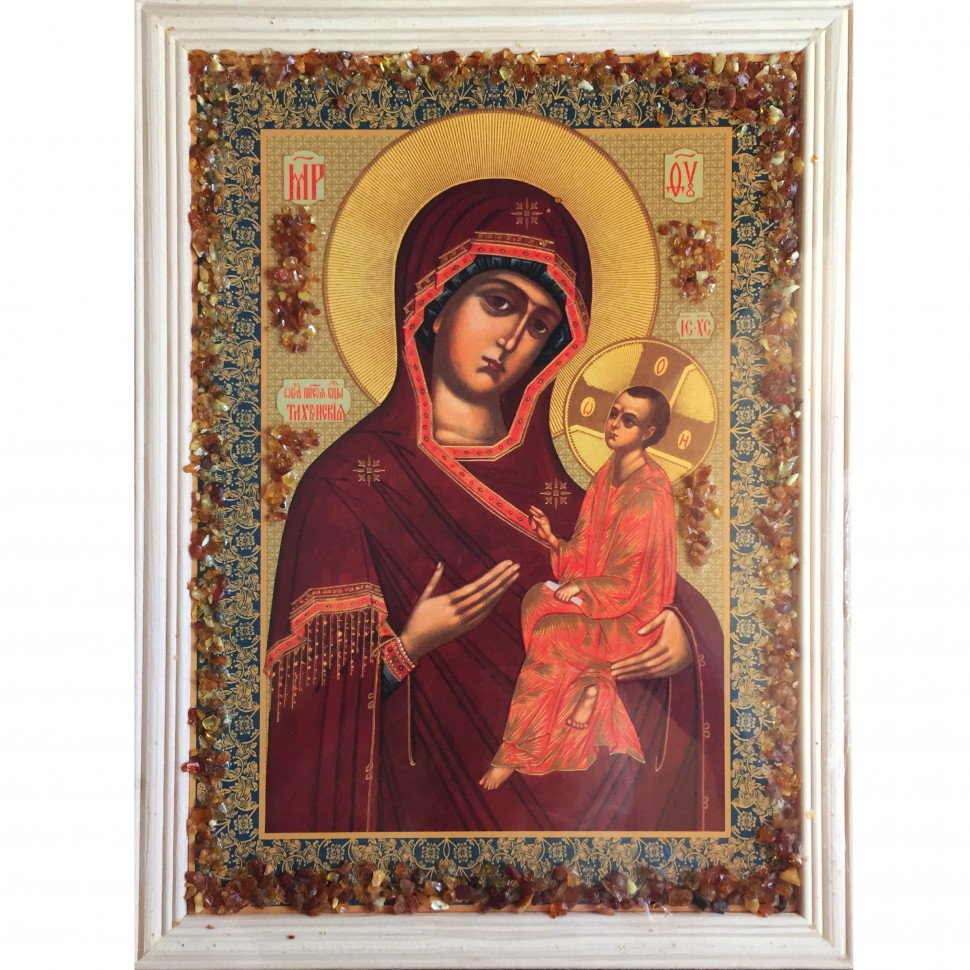 Икона с янтарной крошкой "Тихвинская Божья Матерь"