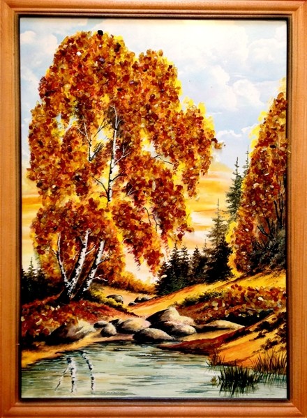 Картина с янтарем Береза у Ручья кян-2-325
