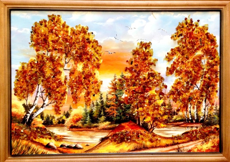 Картина с янтарем Лесная Река кян-2-321