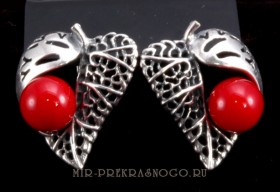 Серьги с кораллом Листочек сПКО-341