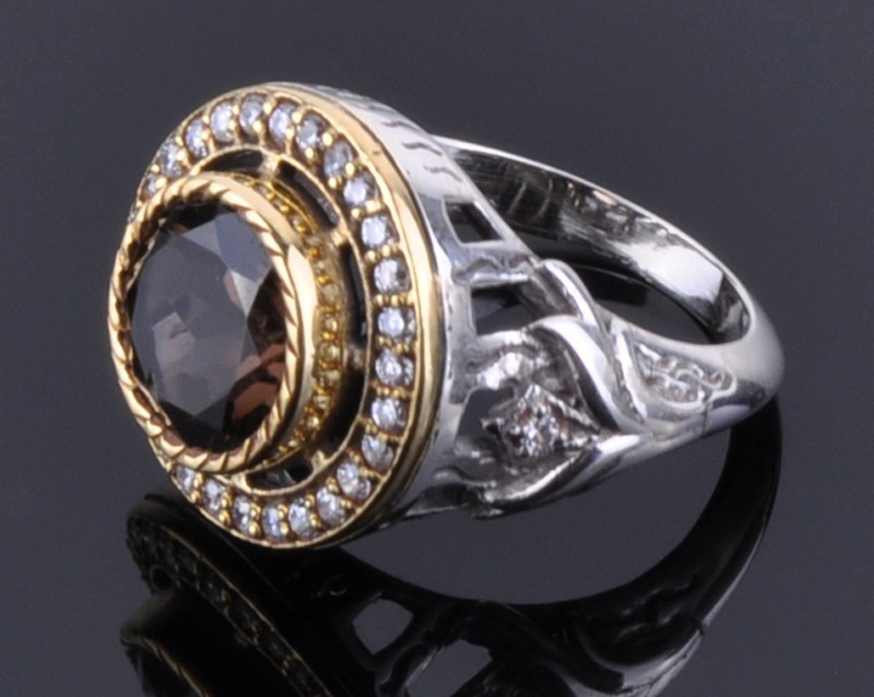 Кольцо серебро с позолотой, раухтопазом и фианитами "Дубай"