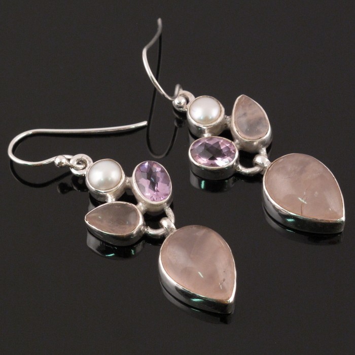 Серьги серебро с розовым кварцем, аметистом и жемчугом "Мелодия"