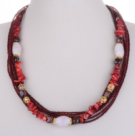 Бусы из коралла, розового кварца, тигрового глаза, бычьего глаза и хрусталя "Восточный Мотив"