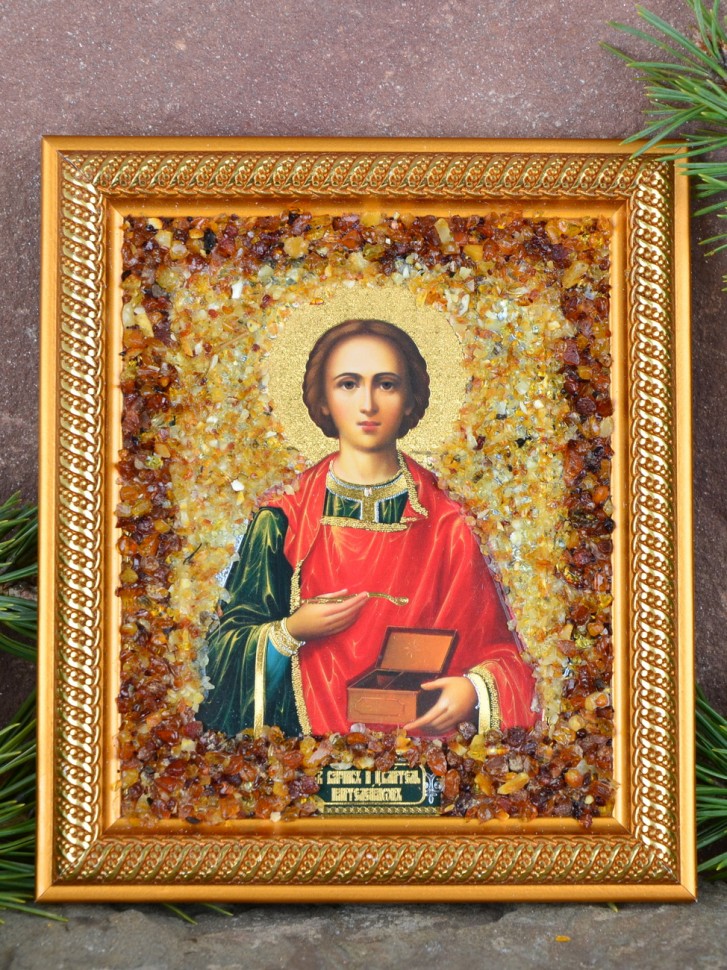 Икона янтарная "Святой Целитель Пантелеймон" 14*16,5 см